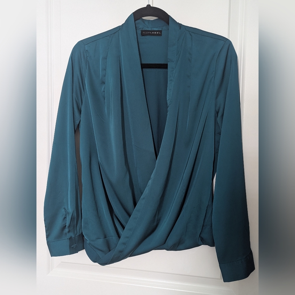 JLUXLABEL Satin Blouse, Size Small, Dark Emerald Green